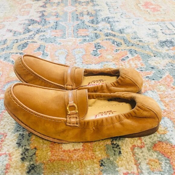 FERRAGAMO Vintage Suede Tan Horse Bit Logo Stretch Elastic Loafers Shoes W 7.5B - Picture 3 of 11